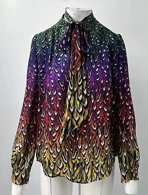 Mary Katrantzou Rainbow Ombre Printed Tie-Neck Long Sleeve Blouse Sz 6 • $99