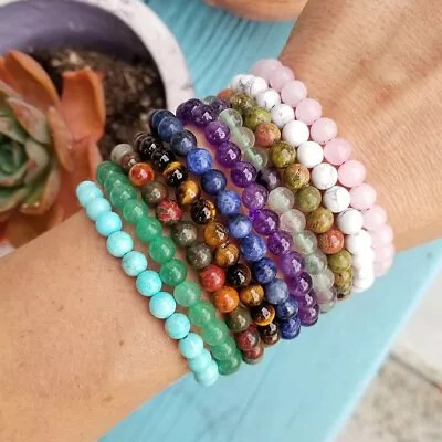 $2.35 • Buy Natural Gemstone 4/6/8mm Round Beads Handmade Stretchy Bracelet Healing Reiki