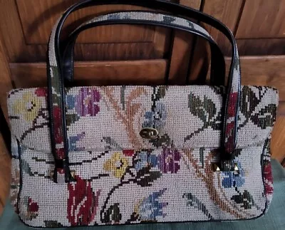 Vtg. 1950s-60s Needlepoint Tapestry Carpet Bag Floral Purse Double Handle NICE • $28.99