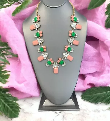 Vintage J Crew Glass Rhinestone Pink Green Gold Statement Necklace 24” • $34.98