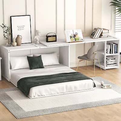 Queen Size Murphy Bed 3-in-1 Floor Bed Frame With Rotatable Desk And Shelves • $668.69