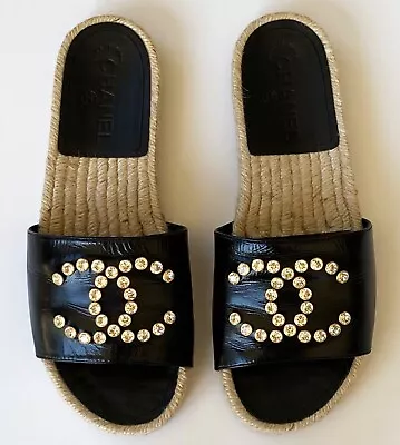 20c Chanel  Black  Patent Calfskin Leather Slides Flats Mules Sandals Crystal 39 • $699