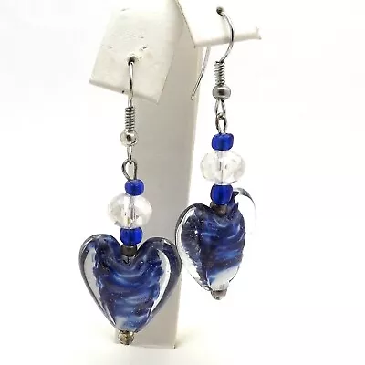 Murano Glass Blue White Sparkle Bead Crystal Puffy Heart Dangle Earrings • $37.05