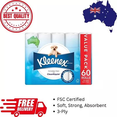 Kleenex Complete Clean Toilet Paper 1x60 Rolls Biodegradable Toilet Tissue 3-Ply • $54.95