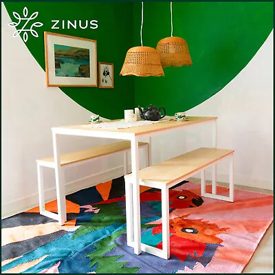 $279 • Buy Zinus Dining Table Set Bench Metal Wood Kitchen Cafe Restaurant Industrial White