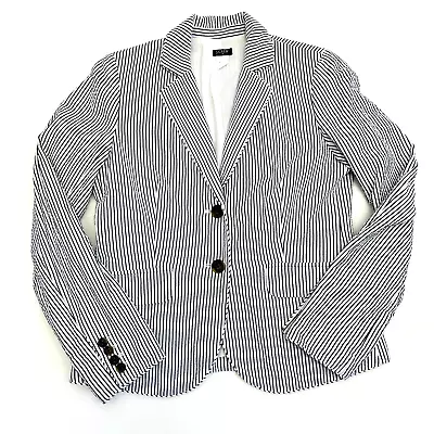 J.Crew Factory Blazer Women 10 White Navy Stripe 100% Cotton Seersucker Jacket • $34.99