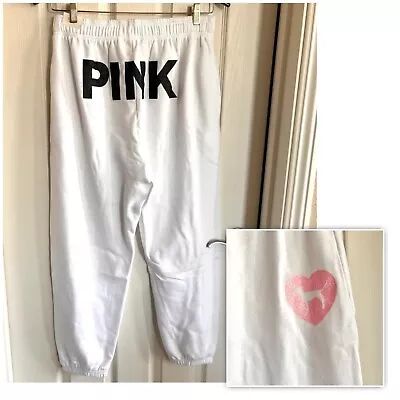 Victoria's Secret PINK Fleece Baggy Campus Sweatpants Optic White Pink Logo Med • $39.95