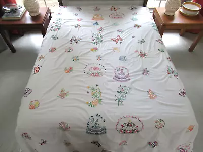 Vintage COLONIAL LADY BUTTEFLIES Embroidered Quilt TOP On LADY PEPPERELL Sheet • $11.50