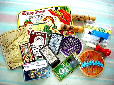 LOT Of  Sewing Collectables-NEEDLES THREADER PINS BRUSH SHUTTLE NEEDLES In Cases • $12