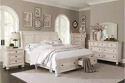 Traditional Antique White Bedroom Set W. Queen Or King Sleigh Storage Bed IA67 • $2644.85