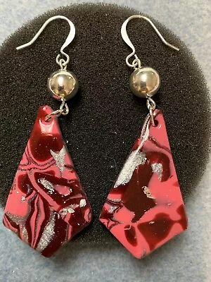 Handcrafted Shades Of Red Mokume Gane Technique Artisan Earrings Silver Plated • $6.50