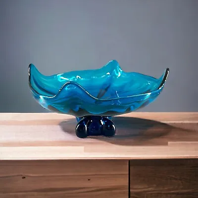 Vintage MCM Viking Art Glass Short Pedestal Console Bowl Bluenique Aqua Blue • $39.99