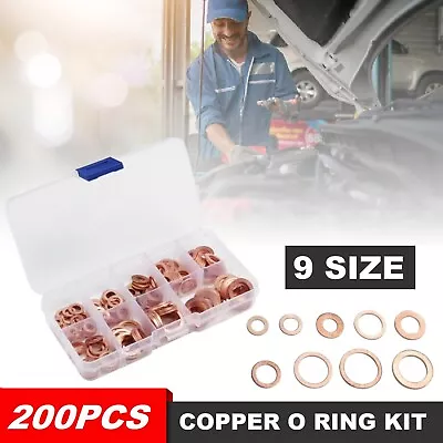 200Pcs 9Size Assorted Crush Copper Washer Gasket Set Flat Ring Seal Kit With Box • $19.99