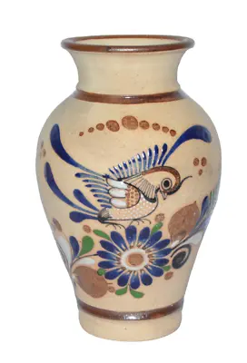 Vtg Mexican Pottery Vase Bird Tonala Style SandstoneHand Painted Ceramic 8 1/2  • $24.99