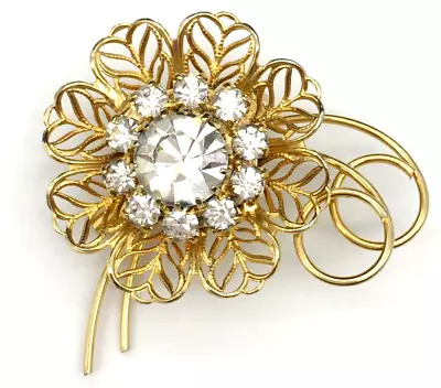 Vintage Gold Tone Filigree Brooch Open Work Faceted Stone Mid Century Retro • $15.49