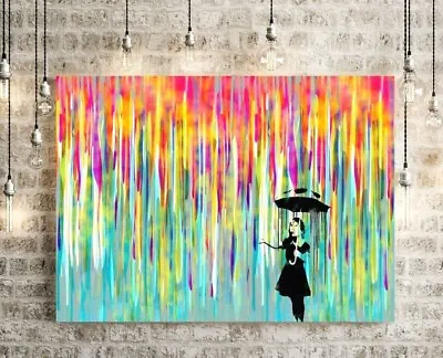 Banksy Colourful Rain Girl Rainbow - Deep Framed Canvas Wall Art - Poster Print • £17.99