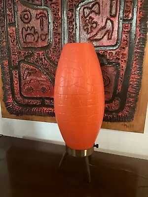 Mid Century Modern Beehive TV Lamp ORANGE Mosaic Plastic With Wood Tripod Base   • $85