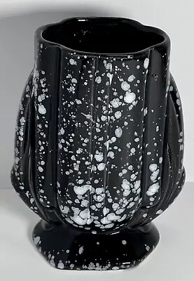 Vintage 1930s Art Deco Pottery Vase Black White Speckled 6”T Excel. Used Cond. • $38