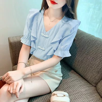 Women's Summer V Neck Short Sleeve Chinese Style Button Ruffle Shirt Blouse Tops • $10.51