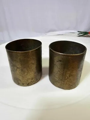 2 Chinese Small Brass Cup/ Shot Glass W/ Etched Flower - No Handle • $19.99