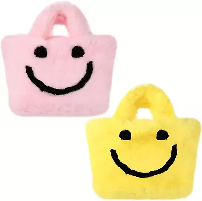 2 Pcs Fluffy Tote Bag Women Plush Smile Face Cute Furry Yellow Pink Fluffy Handb • $21.99