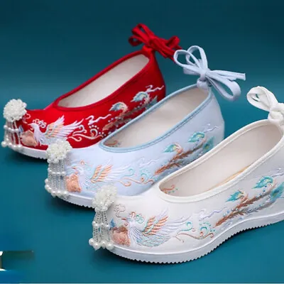 Ladies Shoes Pumps Footwear Hidden Heel Ethnic Hanfu Beaded Embroidered Vintage • $31.06