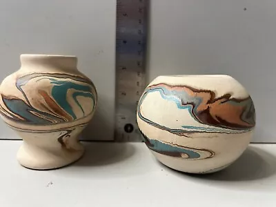 (2) Nemadji USA Pottery Vase Brown Orange & Blue Swirl Vases 2.5-3  Size • $24.95