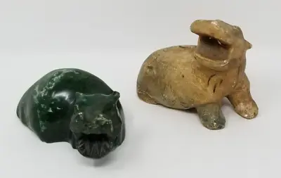 2 Carved Hippo Sculpture Figures Zimbabwe Green Verdite & Stone W Tribal Marks • $42.50