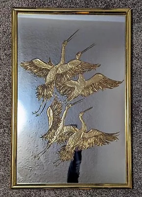 Vintage Oriental Asian Hollywood Regency Wall Mirror W Etched Gold Crane Birds • $374.99