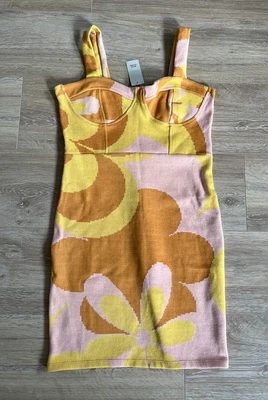 RIVER ISLAND Boho/70's Style Floral Fine Knit Mini Dress - Size 12 • £8.95