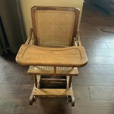 Child's Antique High Chair /rocker Oak W/ Cane Seat -hand Crank • $110