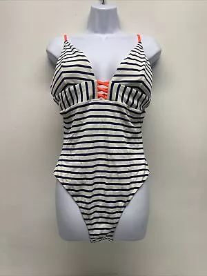 J. Crew One Piece Swim Bathing Suit Crisscross Textured Blue White Striped Sz 14 • $29.99