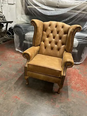 Chesterfield Queen Anne High Back Wing Chair  In Tan Leather British Made. • £590