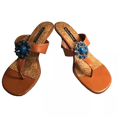 Michael Antonio Brown Thong Sandal Heels Shoes Teal Gold Jewelry Embellishment • $28.95