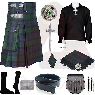 $120 • Buy Scottish Black Watch Utility Kilt 2 Cargo Pockets Mens Tartan Utility Kilt Set