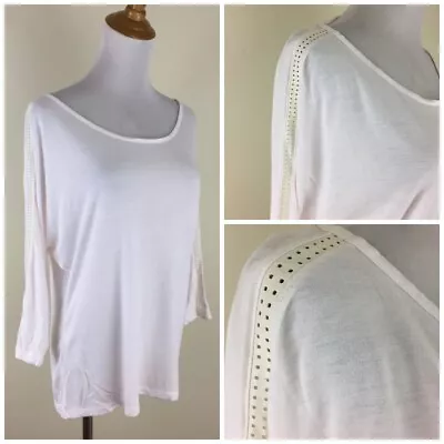 VINCE White Faux Perforated Leather Dolman Sleeve Trim Shirt Womens Sz Medium • $10.80