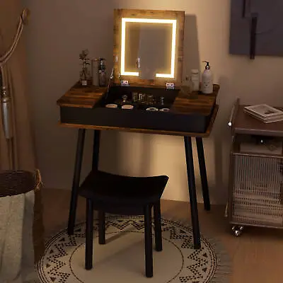 Dressing Table Set With Flip Top LED Lighted Mirror Vanity Stool Rustic Brown • $209.99