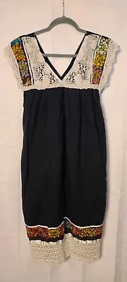 Authentic Handmade Mexican Black Embroidered Floral Peasant Hippie Dress Vintage • $49.99