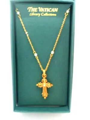 Vatican Library Collection Gold-plated Cross Necklace Pearl Bead Chain • $17.99