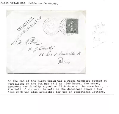 WW1 VERSAILLES PEACE CONFERENCE 1919 1st DAY CANCEL ON COVER. • £1.20