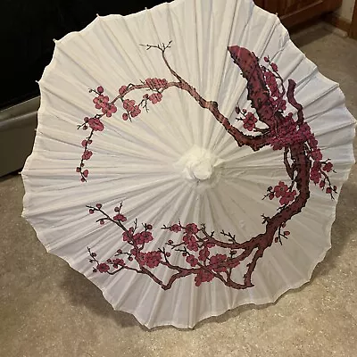 PARASOL WOOD RICE PAPER  SCALLOPED CHERRY BLOSSOMS FLOWERS ABOUT 24 Inches Tall • $10