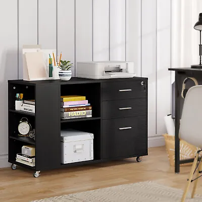 3-Drawers Wood File Cabinet Mobile Lateral Filing Cabinet For Home Office Black • $80.99