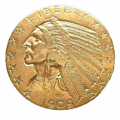 1909 Gold United States $5 Dollar Indian Head Half Eagle Coin | Low Survival • $698.47