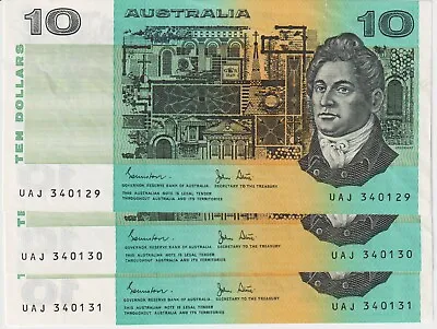 1983 Australia $10 Consecutive Trio Banknote - R308 Johnston/Stone - Fine #30519 • $100