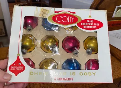 12 Vintage Small Coby Glass Christmas Ornaments In Original Box Mixed Clors • $17