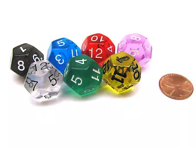 Pack Of 7 Transparent D12 20mm Dice - Blue Clear Green Orchid Red Smoke Yellow • $4.95