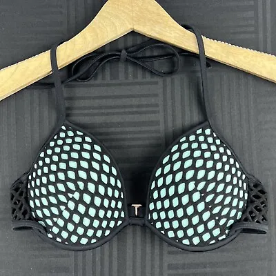 Victoria’s Secret The Fabulous Womens 34B Black Teal Push Up Swimsuit Bikini Top • $25