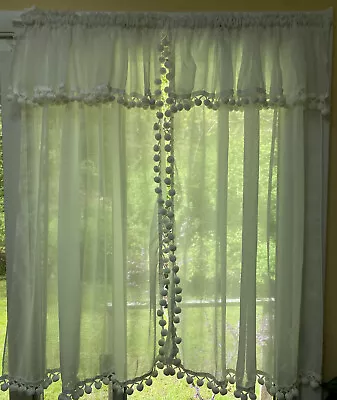 Pair Vintage Sheer White Panel Curtains Pom Pom Fringe Attached Valance 45”x45” • $49.50