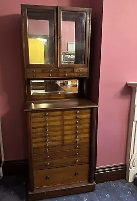 Antique Mahogany Haberdashery Cabinet 23 Drawers + Cupboard Below Glazed Top • £1250