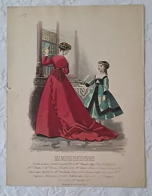 1867 Engraving Les Modes Parisiennes  # 1251 Fashion Dress Book Plate E Bracquet • £24